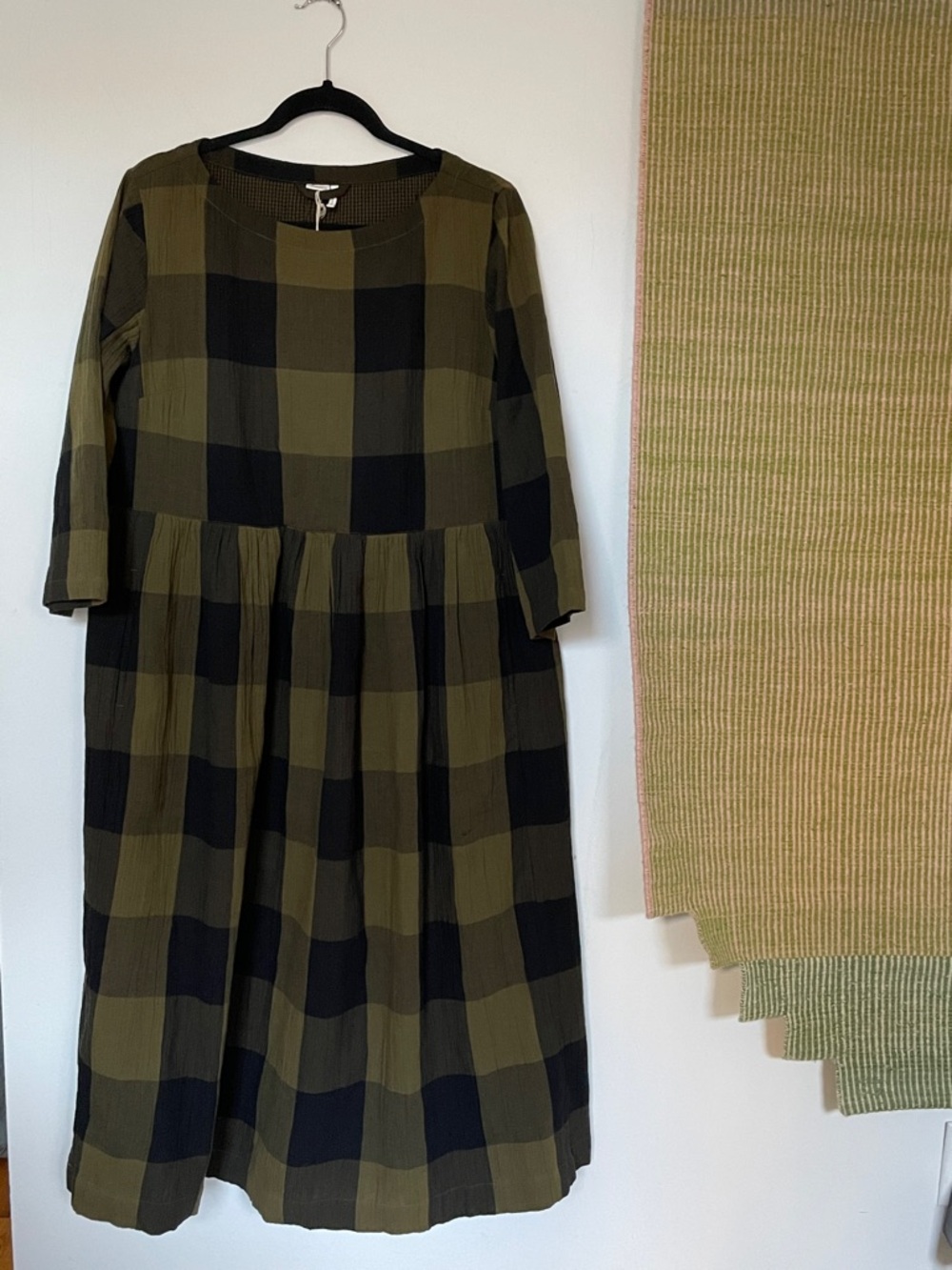 TOAST Olive and Black Buffalo Check Midi Dress with pockets